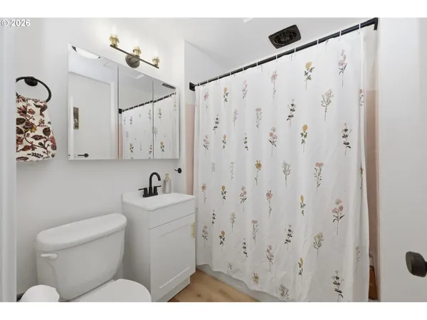 a bathroom with a sink a toilet and shower curtain