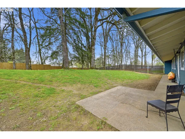 a garden view with a seating space