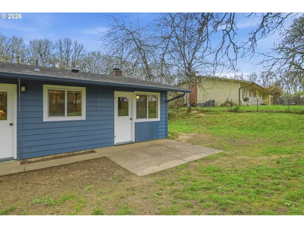 a view of a backyard with large trees