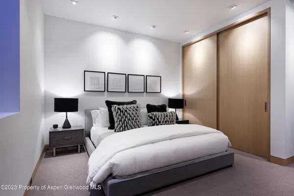 a room that has a bed and a closet in it