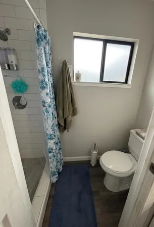 a bathroom with a toilet and a shower