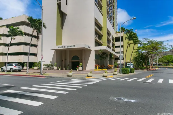 a view of a building along the street