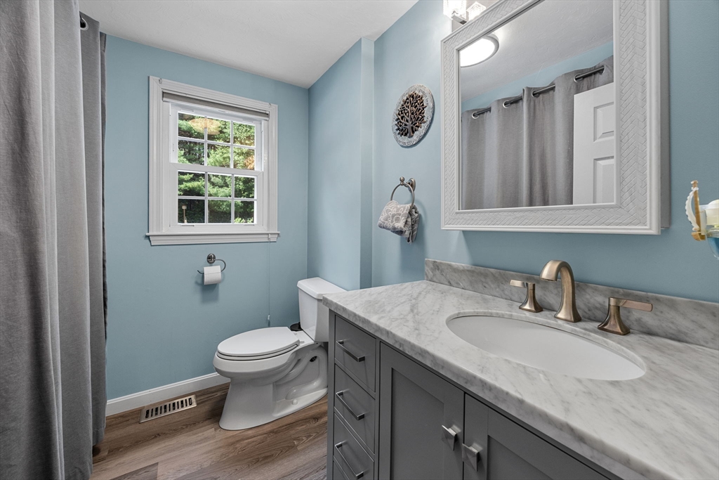 19 King Philip Path Mendon, MA 01756 - Photo 16 of 42 a bathroom with a granite countertop sink and a toilet