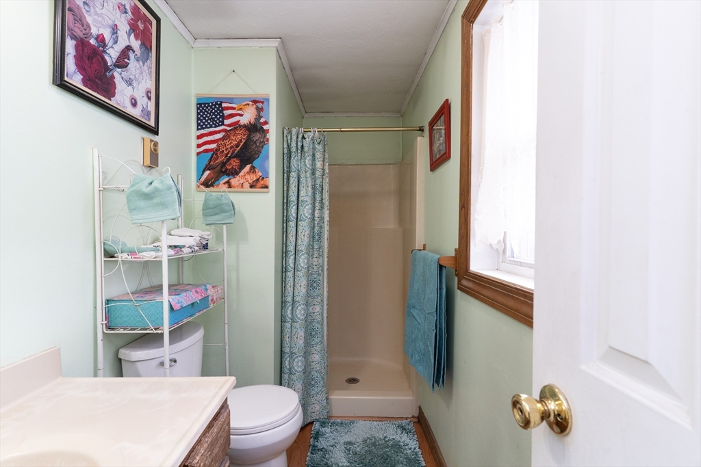 116 Spencer Road Oakham, MA 01068 - Photo 18 of 40 a bathroom with a toilet and a shower curtain