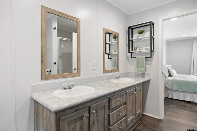a bathroom with a granite countertop sink and a mirror