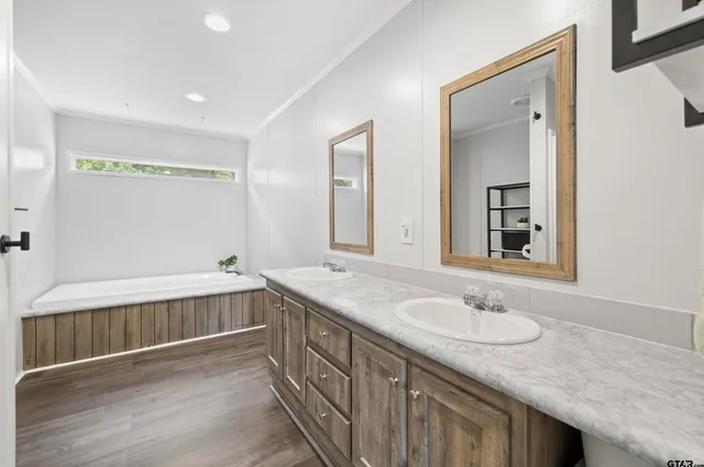 a bathroom with a sink double vanity granite tub shower and a mirror