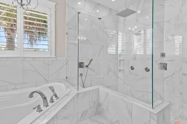 a bathroom with a bathtub and a shower