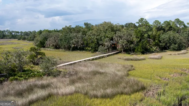 an aerial view of residential house with outdoor space and trees all around