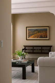 a living room with furniture and a potted plant