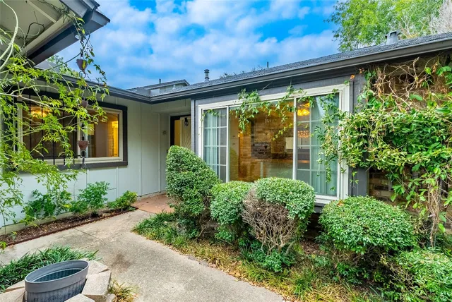 a view of a garden with a fountain