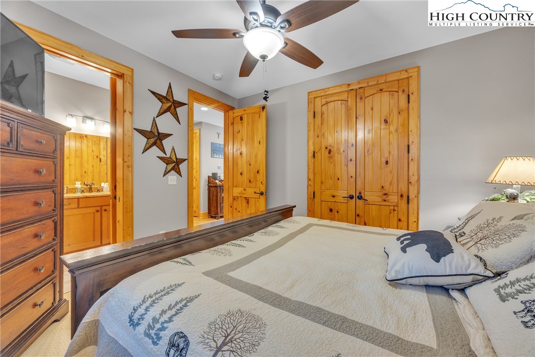 89 Springhouse Drive, Unit A4 Elk Park, NC 28622 - Photo 20 of 46 a bedroom with a bed and a chandelier