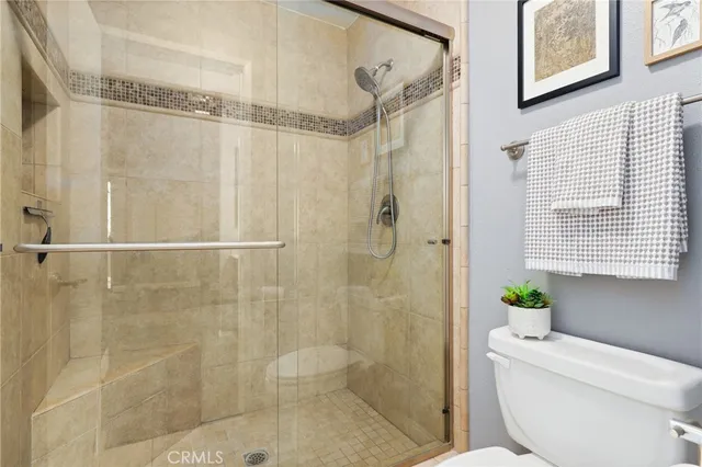 a bathroom with a shower and a toilet