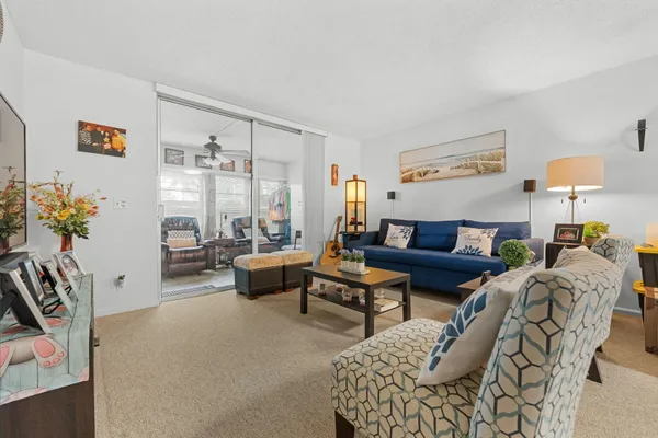 a living room with furniture and a potted plant