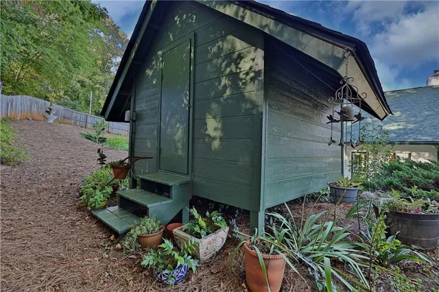a view of a garage with many windows