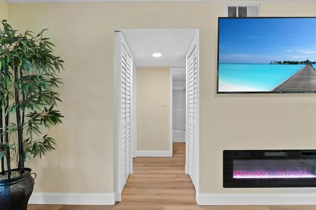 a view of a hallway with wooden floor and a potted plant