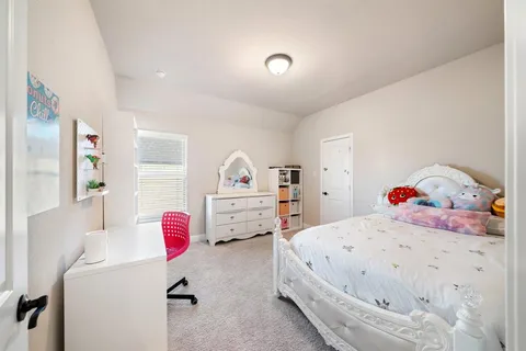 a bedroom with a bed and dresser