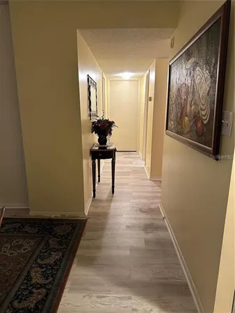 a view of a hallway with wooden floor