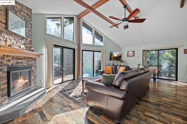 a living room with furniture a ceiling fan and a rug