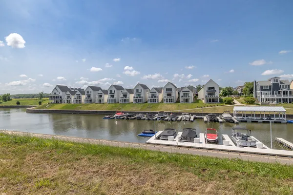 a view of a lake with a city