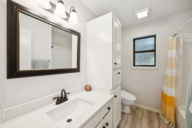 a bathroom with a sink a toilet and mirror