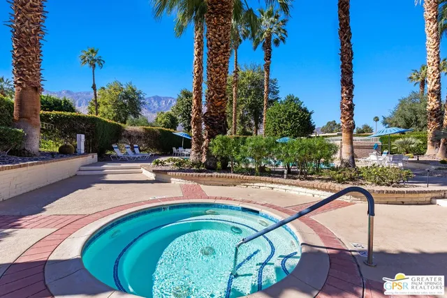 a view of a swimming pool with a patio and palm trees