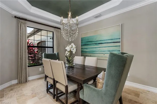 a view of a dining room with furniture window and chandelier