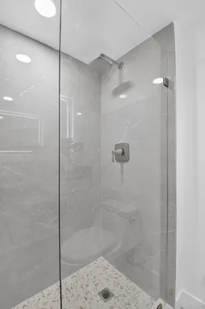 a bathroom with a shower and a toilet