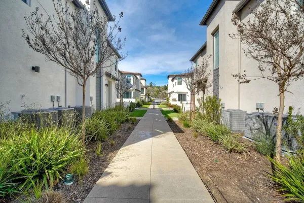 a view of a pathway with house on both side