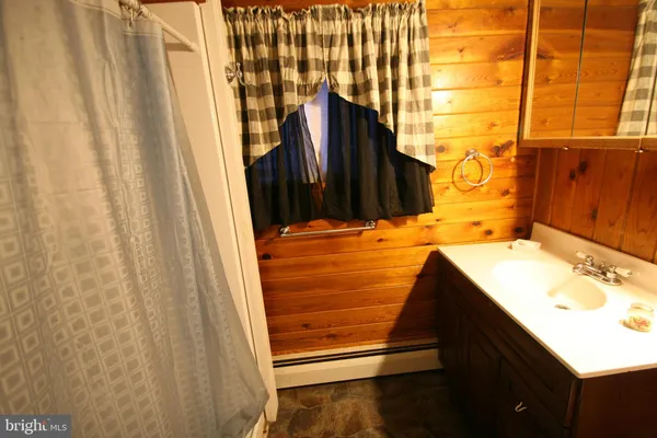 a bathroom with a sink and a shower curtain