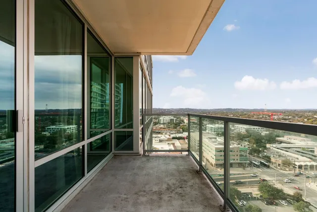 a view of a city skyline from a terrace