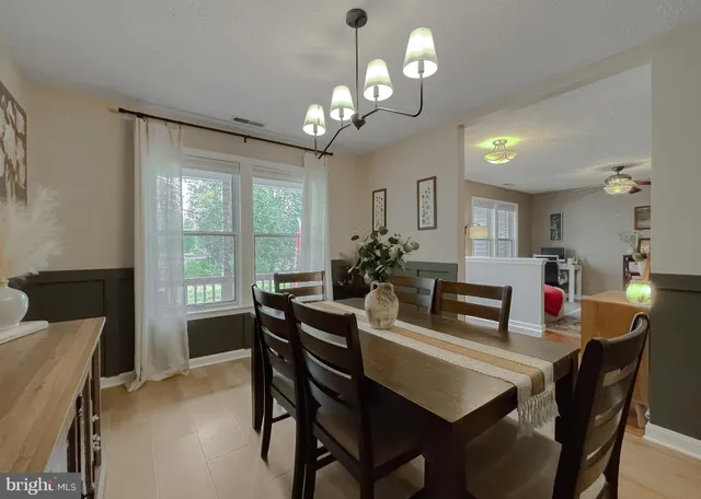 a view of a dining room with furniture and window