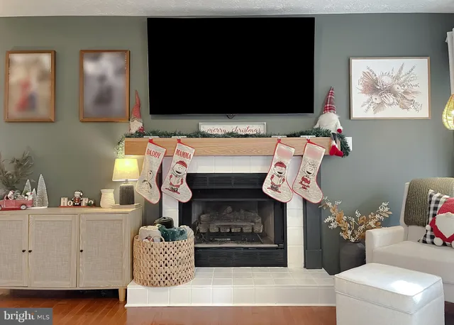 a living room with furniture a flat screen tv and a fireplace