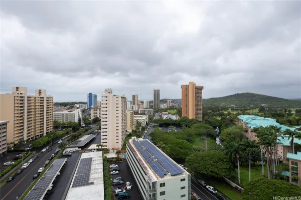 a view of a city with tall buildings