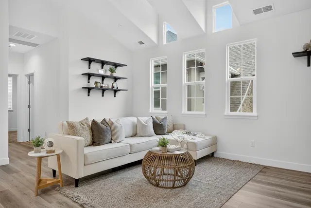 a living room with furniture flowerpot and window