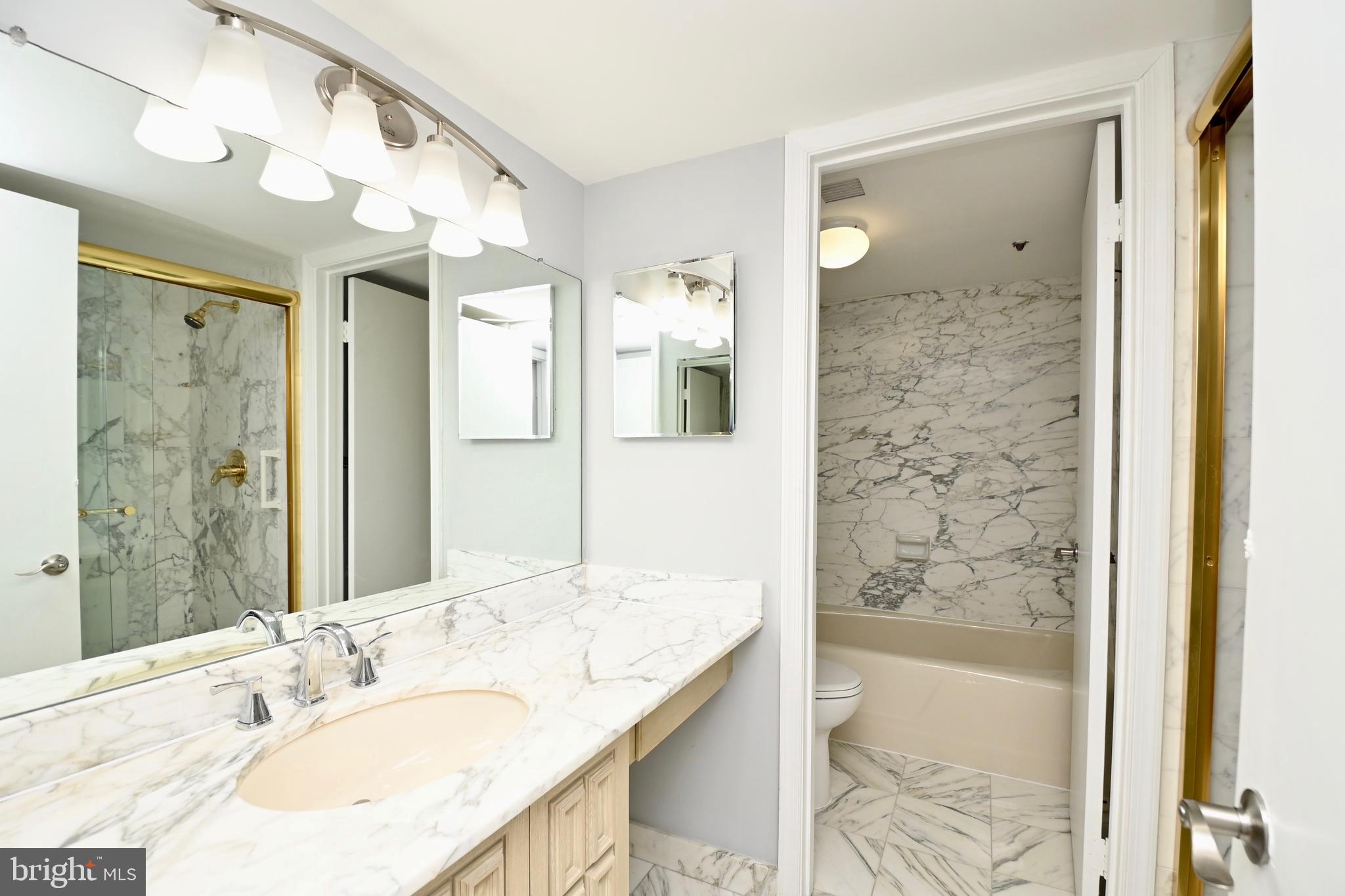 1101 South Arlington Ridge Road, Unit 509 Arlington, VA 22202 - Photo 37 of 62 a bathroom with a granite countertop sink a mirror a bathtub and shower