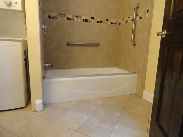 a bathroom with a bathtub