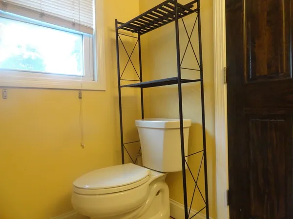 a bathroom with a toilet and a shower