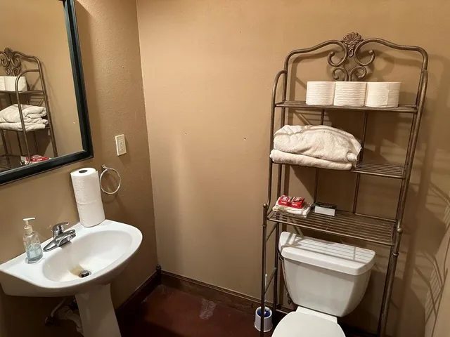 a bathroom with a sink toilet and mirror