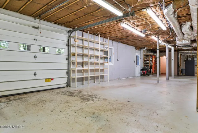 a view of a backyard with plants and large trees