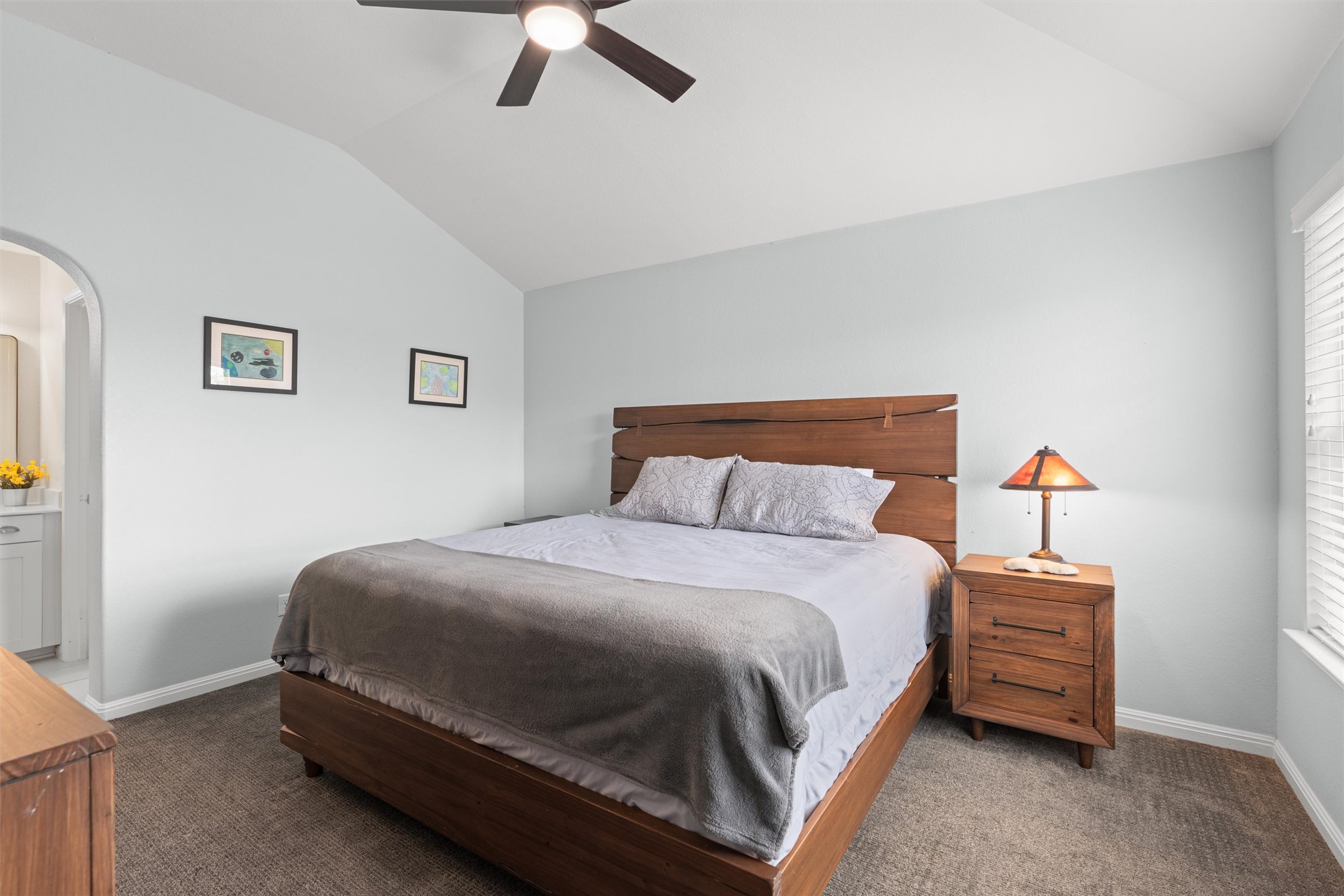 7716 Aria Loop Austin, TX 78736 - Photo 26 of 39 A restful bedroom offers a vaulted ceiling and direct bathroom access.