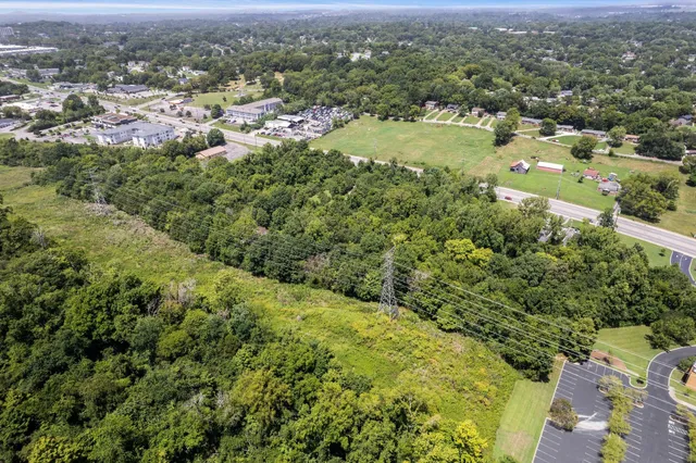 an aerial view of residential houses with outdoor space and trees