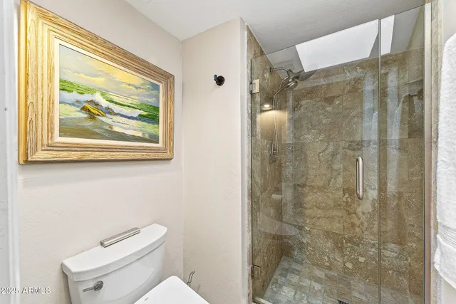 a white toilet sitting next to a bathroom shower