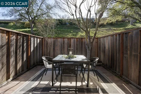 a backyard of a house with table and chairs