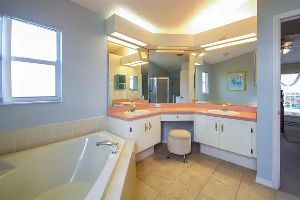 a bathroom with a sink a large mirror and bathtub