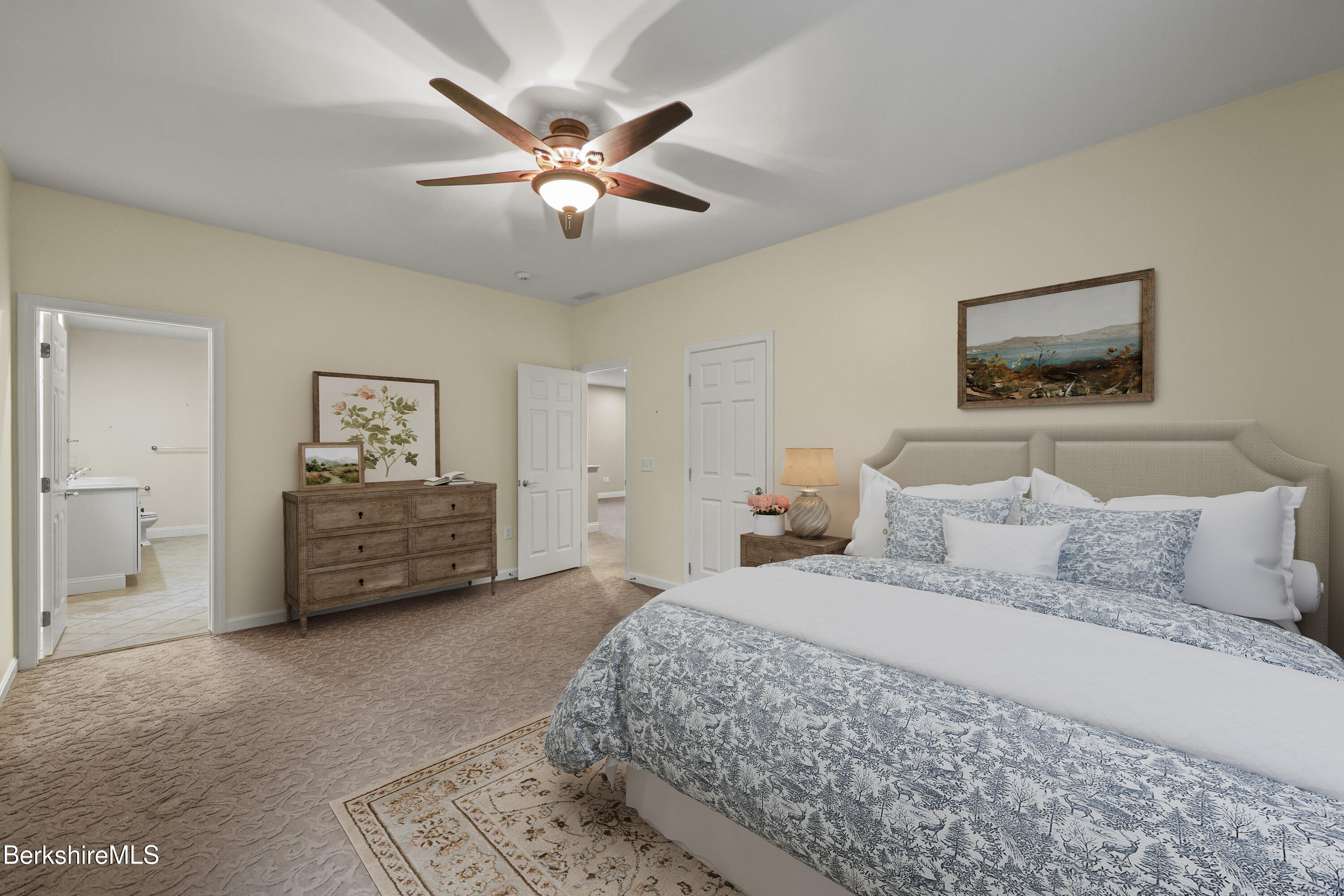 2 Amy Court, Unit 2 Pittsfield, MA 01201 - Photo 32 of 50 a spacious bedroom with a bed a chandelier and a painting on the wall