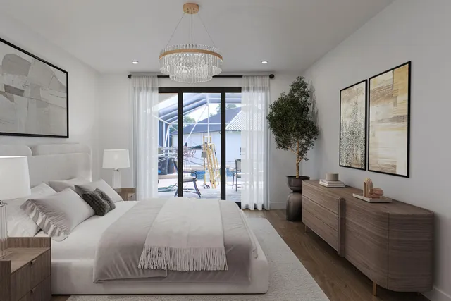 a spacious bedroom with a bed and a large window