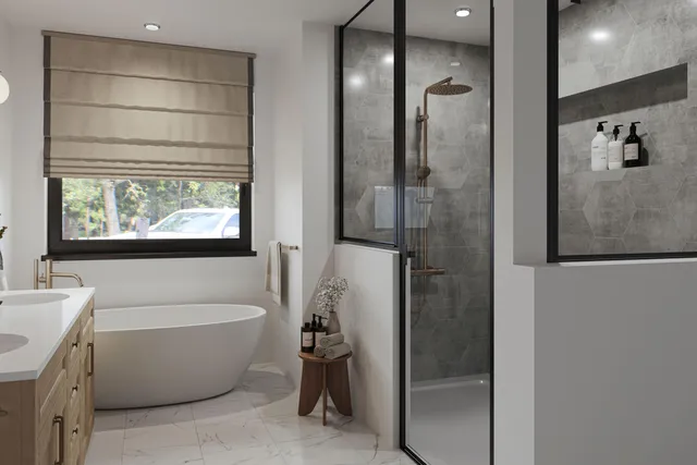 a bathroom with a bathtub and a shower
