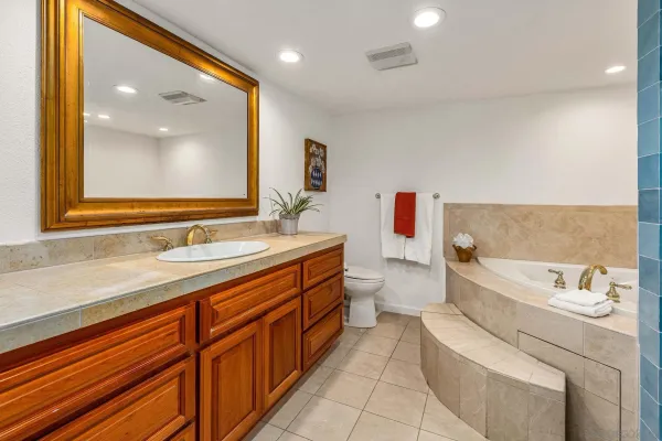a bathroom with a granite countertop sink mirror vanity bathtub and toilet