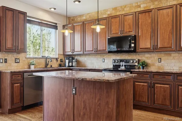 a kitchen with stainless steel appliances granite countertop a stove a sink dishwasher and a microwave oven with cabinets