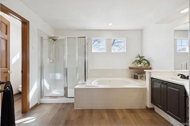 a bathroom with a tub sink and mirror